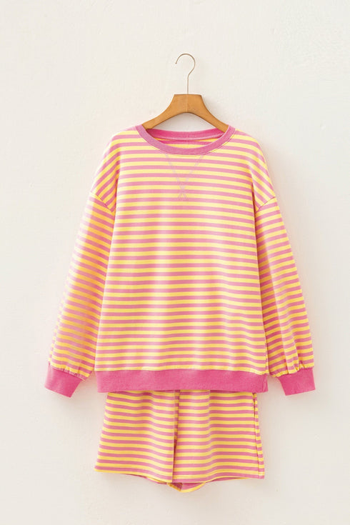 Stripe Trim Round Neck Long Sleeve Top Casual Shorts 2Pcs Short Set