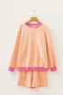 Stripe Trim Round Neck Long Sleeve Top Casual Shorts 2Pcs Short Set
