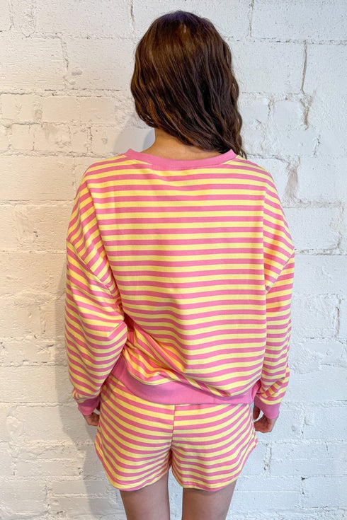 Stripe Trim Round Neck Long Sleeve Top Casual Shorts 2Pcs Short Set
