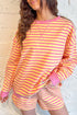 Stripe Trim Round Neck Long Sleeve Top Casual Shorts 2Pcs Short Set