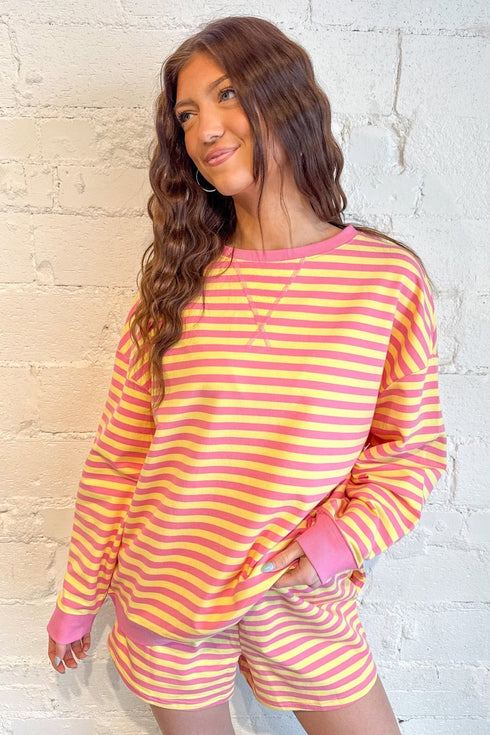 Stripe Trim Round Neck Long Sleeve Top Casual Shorts 2Pcs Short Set