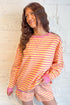 Stripe Trim Round Neck Long Sleeve Top Casual Shorts 2Pcs Short Set