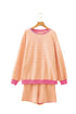 Stripe Trim Round Neck Long Sleeve Top Casual Shorts 2Pcs Short Set