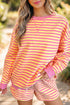 Stripe Trim Round Neck Long Sleeve Top Casual Shorts 2Pcs Short Set