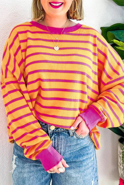 Stripe Trimmed Round Neck Drop Shoulder Loose Sweater