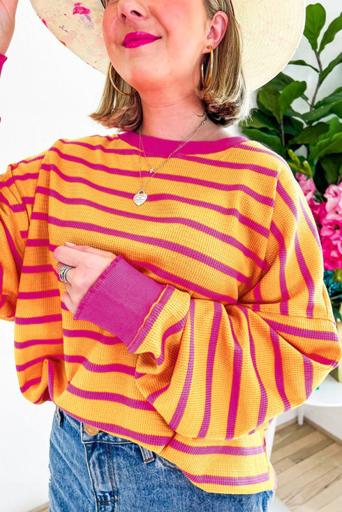 Stripe Trimmed Round Neck Drop Shoulder Loose Sweater