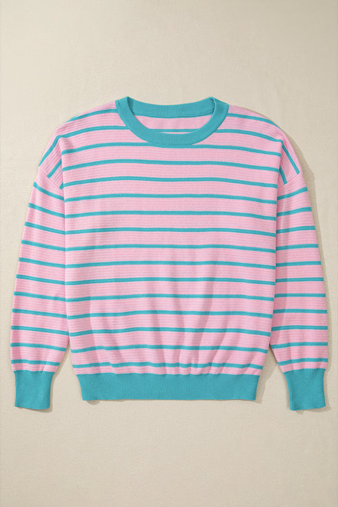 Stripe Trimmed Round Neck Drop Shoulder Loose Sweater