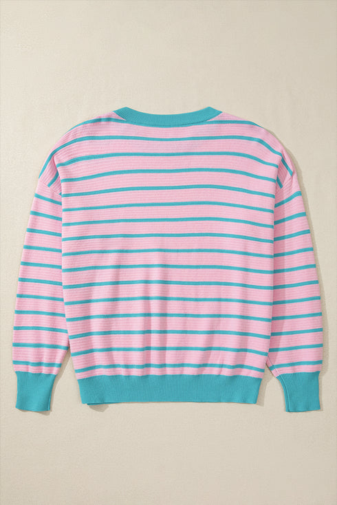 Stripe Trimmed Round Neck Drop Shoulder Loose Sweater
