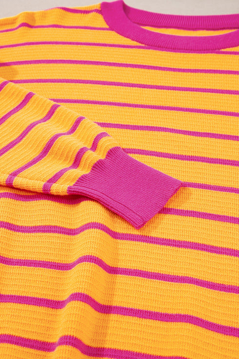 Stripe Trimmed Round Neck Drop Shoulder Loose Sweater