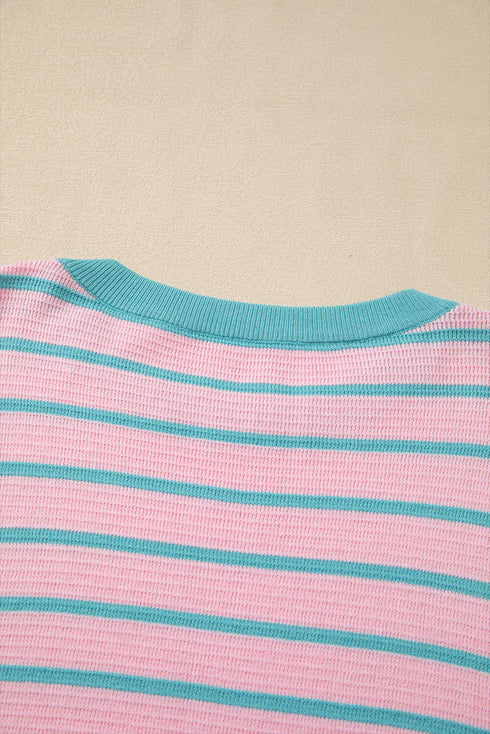 Stripe Trimmed Round Neck Drop Shoulder Loose Sweater