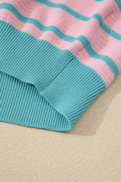 Stripe Trimmed Round Neck Drop Shoulder Loose Sweater