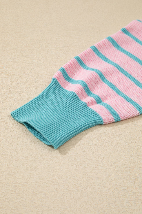 Stripe Trimmed Round Neck Drop Shoulder Loose Sweater