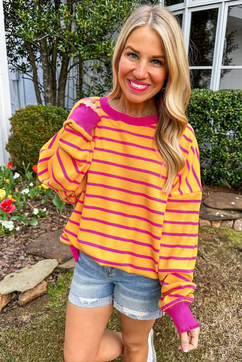 Stripe Trimmed Round Neck Drop Shoulder Loose Sweater