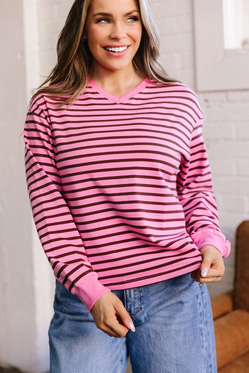 Stripe V Neck Drop Shoulder Long Sleeve Top