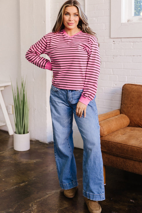 Stripe V Neck Drop Shoulder Long Sleeve Top