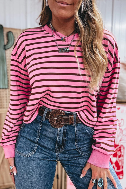 Stripe V Neck Drop Shoulder Long Sleeve Top