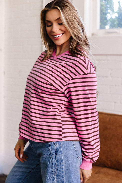 Stripe V Neck Drop Shoulder Long Sleeve Top