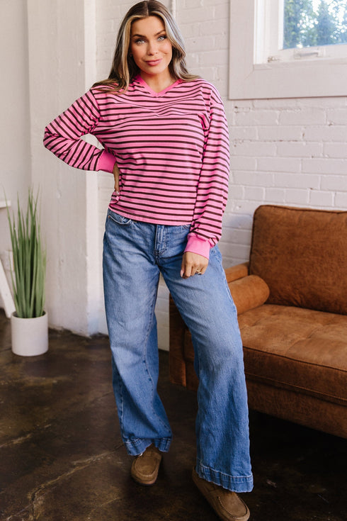 Stripe V Neck Drop Shoulder Long Sleeve Top