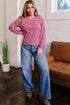 Stripe V Neck Drop Shoulder Long Sleeve Top