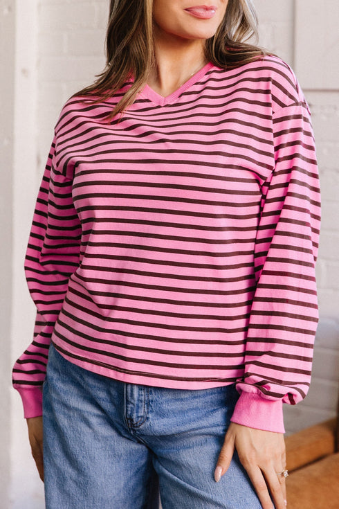 Stripe V Neck Drop Shoulder Long Sleeve Top