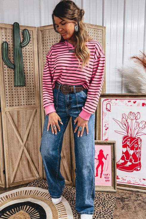 Stripe V Neck Drop Shoulder Long Sleeve Top
