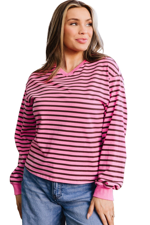 Stripe V Neck Drop Shoulder Long Sleeve Top