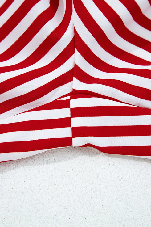 Stripe Velvet Trim Bow Knot Waist Pajama Set