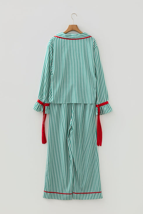 Stripe Velvet Trim Bow Knot Waist Pajama Set