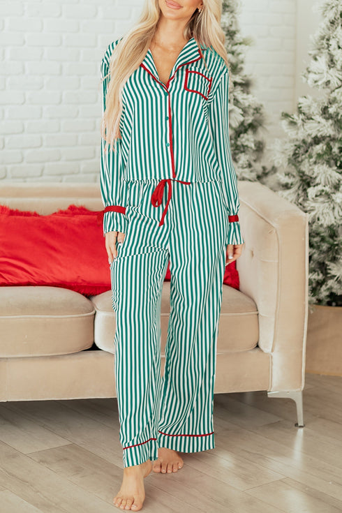 Stripe Velvet Trim Bow Knot Waist Pajama Set