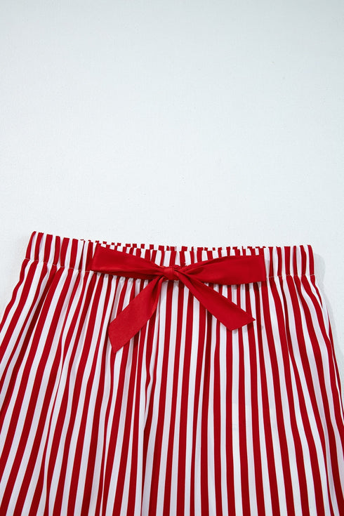 Stripe Velvet Trim Bow Knot Waist Pajama Set