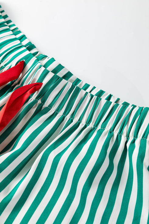 Stripe Velvet Trim Bow Knot Waist Pajama Set