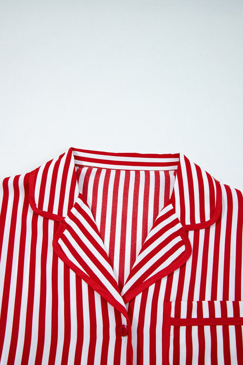 Stripe Velvet Trim Bow Knot Waist Pajama Set