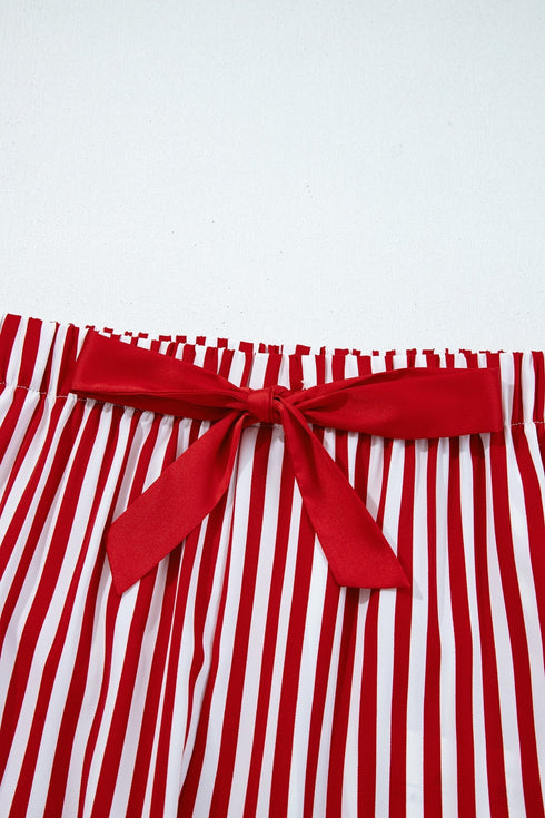 Stripe Velvet Trim Bow Knot Waist Pajama Set