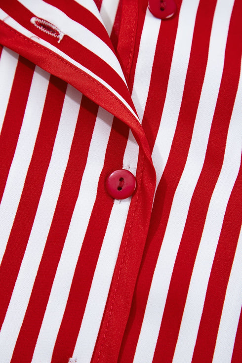 Stripe Velvet Trim Bow Knot Waist Pajama Set