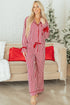 Stripe Velvet Trim Bow Knot Waist Pajama Set