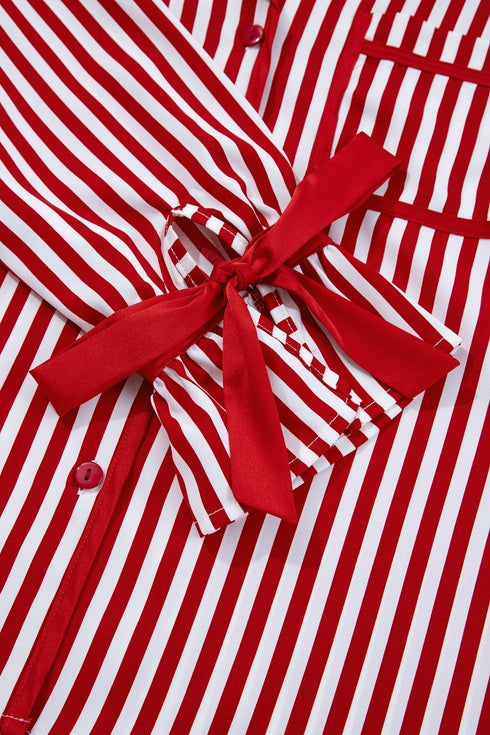 Stripe Velvet Trim Bow Knot Waist Pajama Set