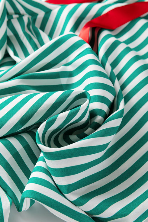 Stripe Velvet Trim Bow Knot Waist Pajama Set