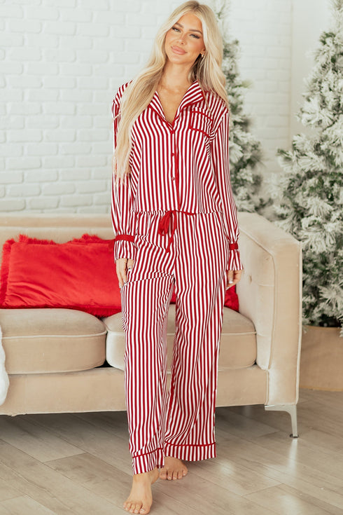 Stripe Velvet Trim Bow Knot Waist Pajama Set