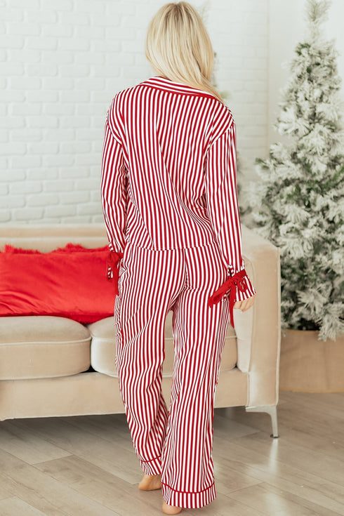 Stripe Velvet Trim Bow Knot Waist Pajama Set