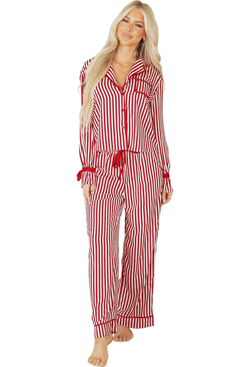 Stripe Velvet Trim Bow Knot Waist Pajama Set