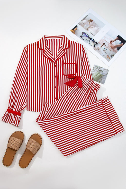 Stripe Velvet Trim Bow Knot Waist Pajama Set