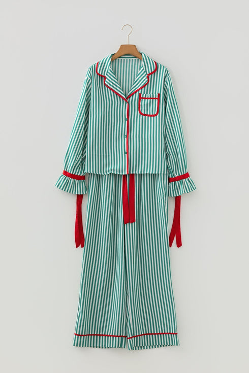 Stripe Velvet Trim Bow Knot Waist Pajama Set