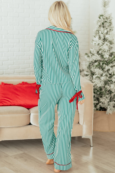 Stripe Velvet Trim Bow Knot Waist Pajama Set