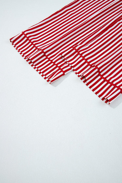 Stripe Velvet Trim Bow Knot Waist Pajama Set