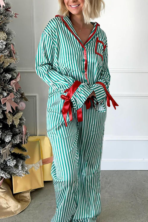 Stripe Velvet Trim Bow Knot Waist Pajama Set