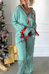 Stripe Velvet Trim Bow Knot Waist Pajama Set