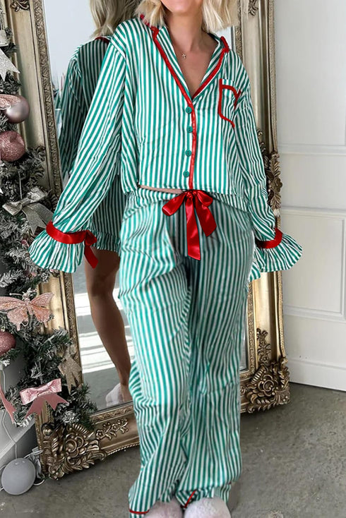 Stripe Velvet Trim Bow Knot Waist Pajama Set