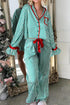 Stripe Velvet Trim Bow Knot Waist Pajama Set
