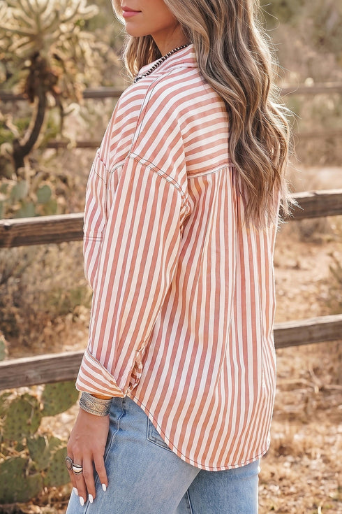 Stripe Western Button Down Long Sleeve Casual Blouse