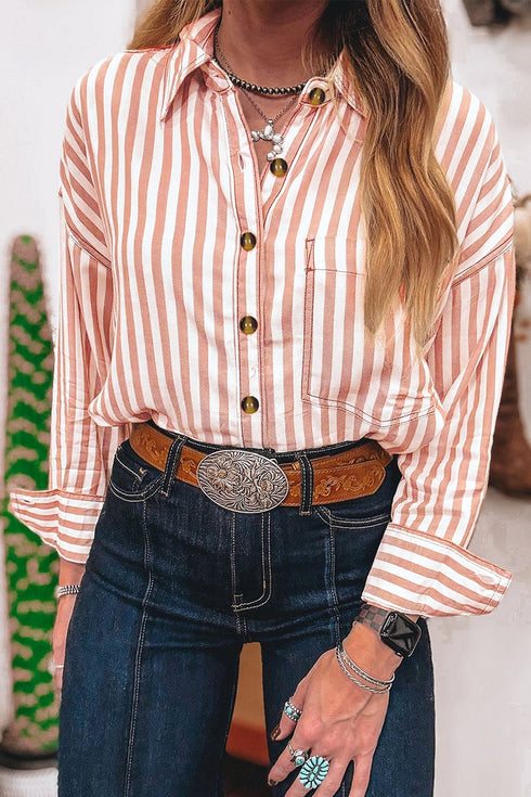 Stripe Western Button Down Long Sleeve Casual Blouse
